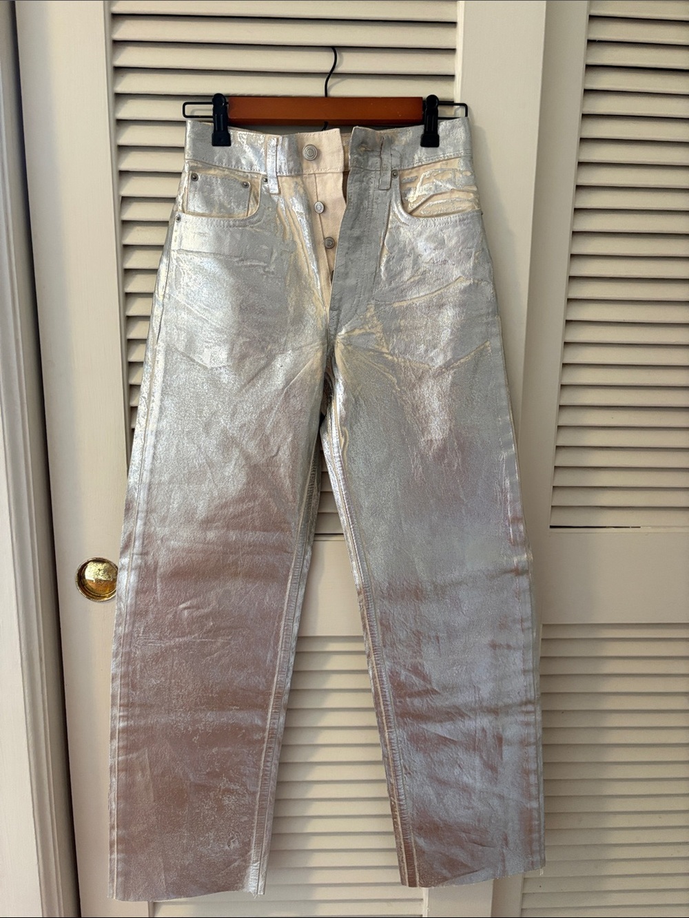 Zara Silver Metallic High-Rise Straight Jeans
